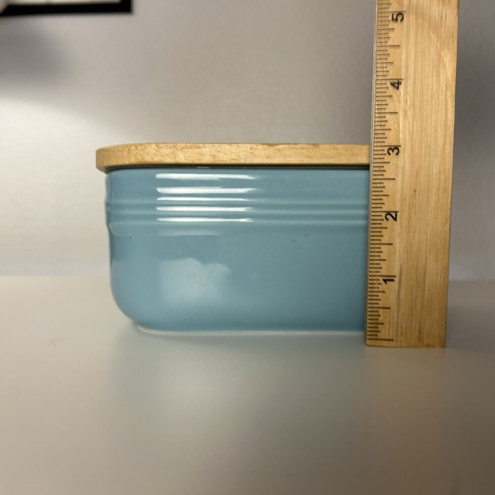 Large DOWAN Ceramic Butter Dish Wood Lid Turquoise 6.5" x 3.5" Classic Simple - Picture 7 of 11
